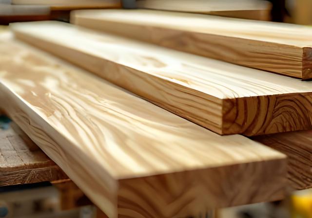 Nahaufnahme von Eichenbohlen mit sichtbarer Maserung und fein geschliffenen Kanten auf einem Werkstattwagen