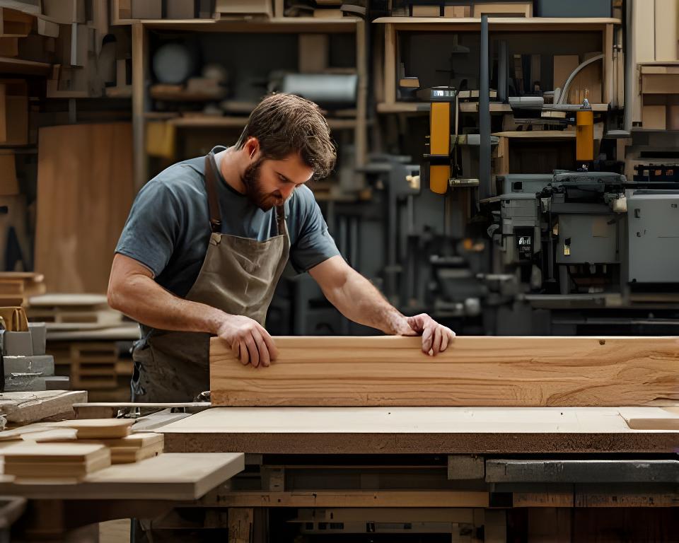 Werkstatt in Zürich mit Holzbearbeitungsmaschinen, natürlichem Licht und einem Tischler beim exakten Anpassen einer Massivholzplatte
