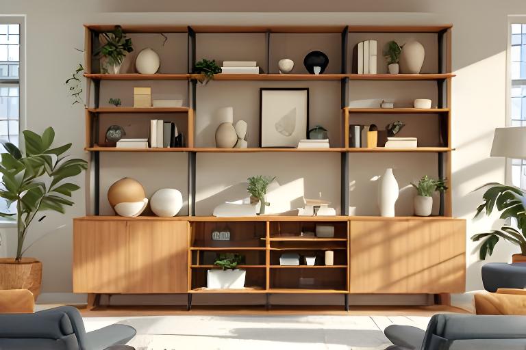 Offenes Holzregal und Sideboard mit Büchern, Keramik und Pflanzen in einem modernen Wohnraum