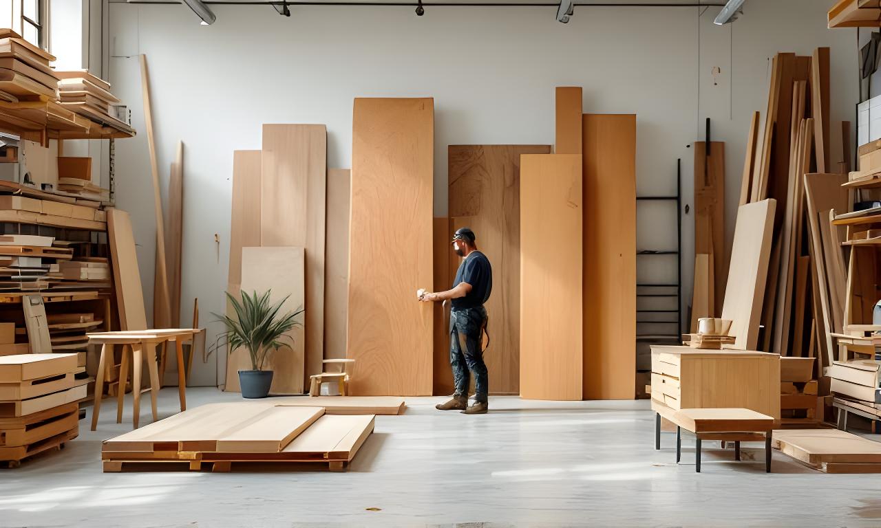 Schreiner in einer hellen Werkstatt mit grossen Holzbohlen und modernen Möbelteilen