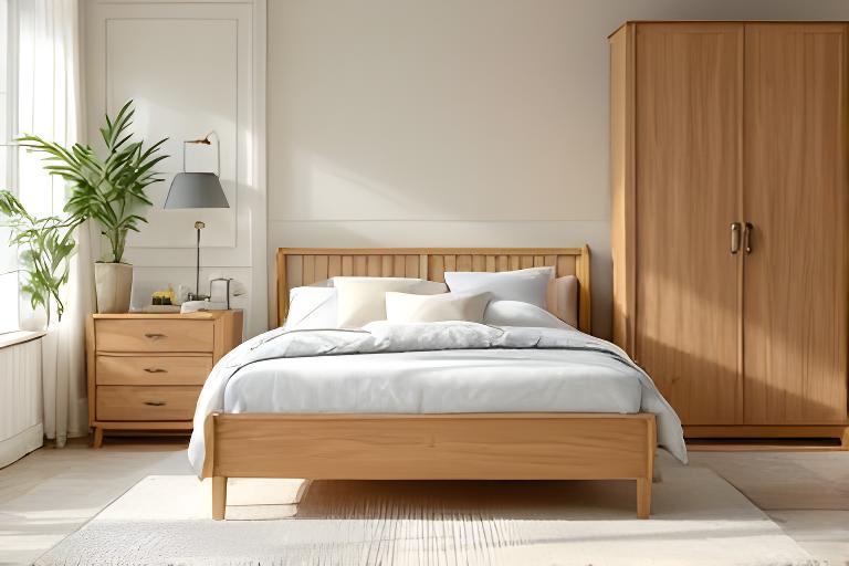 Holzbett und Schrankwand in einem ruhigen Schlafzimmer mit weichen Textilien und heller Wand