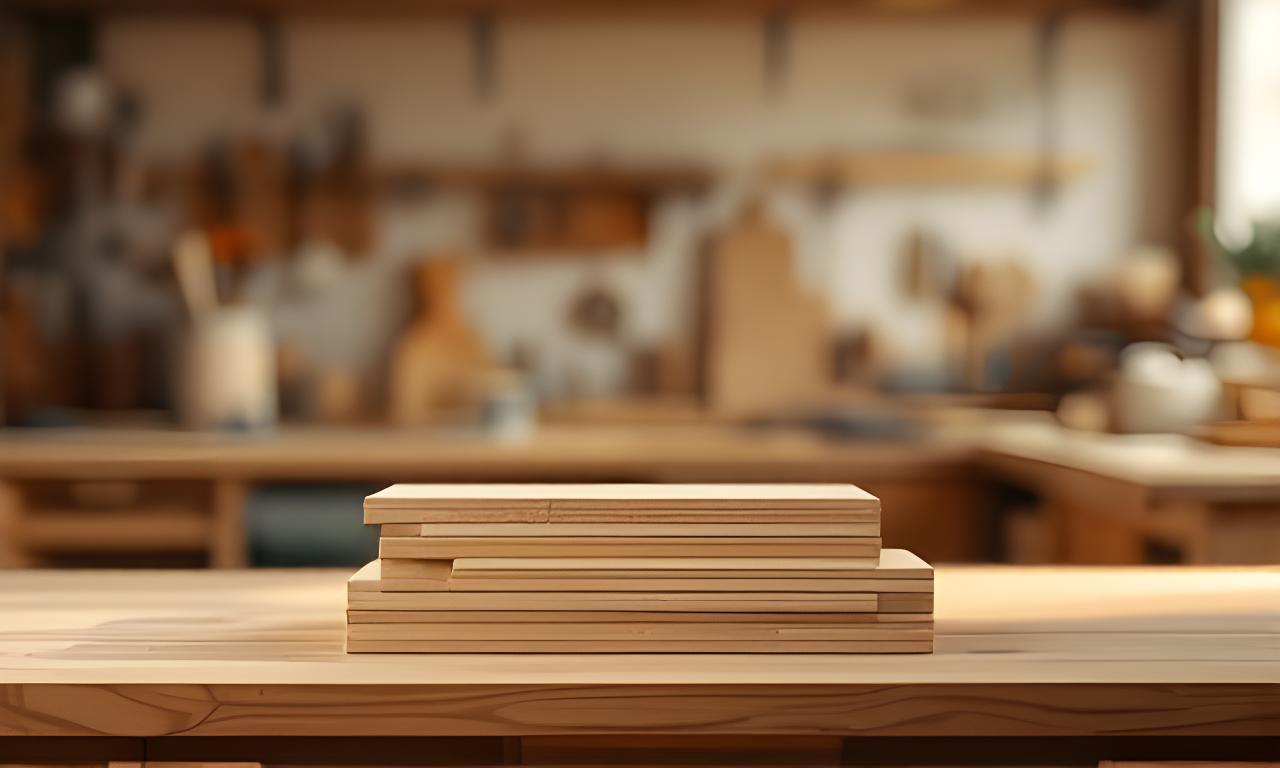 Helle Holzwerkstatt mit gestapelten Brettern, natürlichem Licht und einer ruhigen Arbeitsfläche