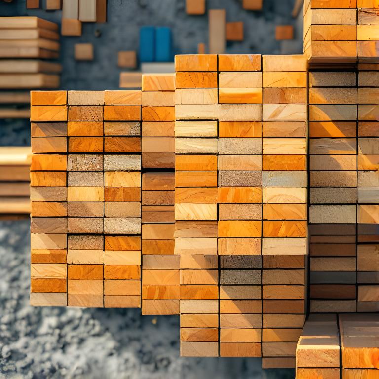 Gestapeltes Bauholz mit markierten Trägern auf einer aufgeräumten Baustelle im Tageslicht