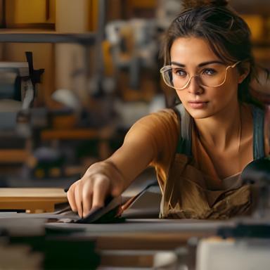 Lucia Baumann an der Hobelmaschine in der Werkstatt mit Schutzbrille und konzentriertem Blick