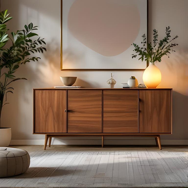 Elegantes Nussbaum-Sideboard in einem stilvollen Wohnraum mit keramischer Leuchte