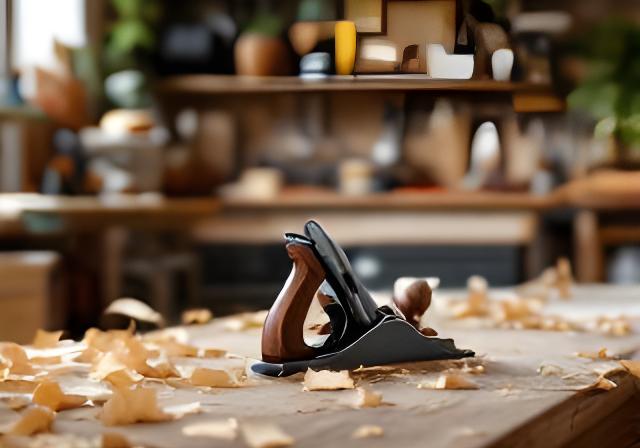 Hobelmaschine in einer aufgeräumten Werkstatt mit frischen Holzspänen auf dem Boden