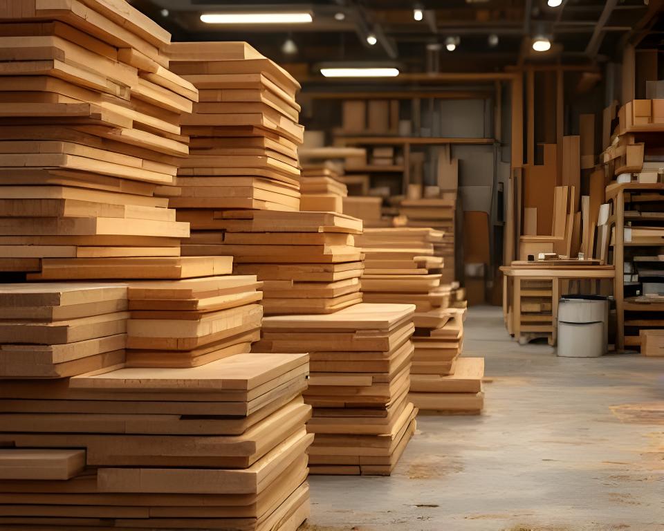 Holzwerkstatt mit massiven Brettern, warmem Licht und sorgfältig gestapelten Platten in Zürich