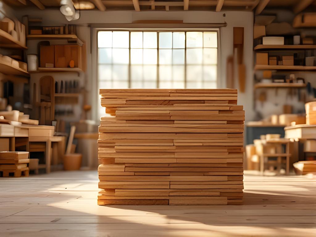 Handwerkliche Holzverarbeitung in einer hellen Werkstatt mit präzise gestapelten Brettern und warmem Tageslicht