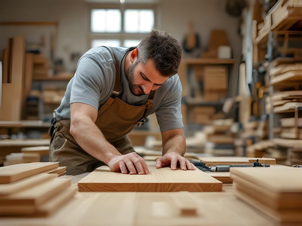 Schreinermeister beim Verleimen einer Massivholzplatte in einer hellen Zürcher Werkstatt mit Holzstapeln im Hintergrund